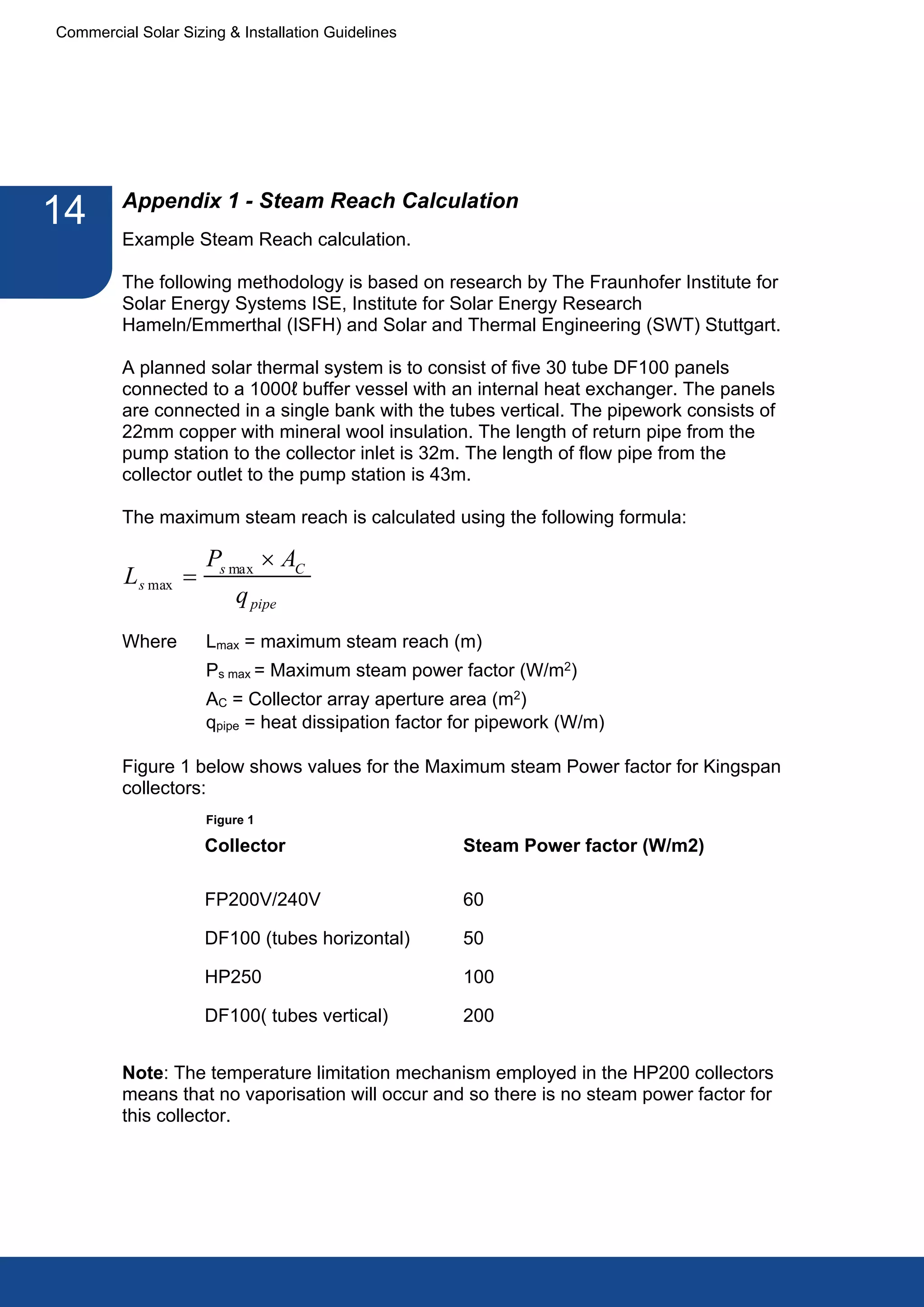 Commercial Solar Sizing & Installation Guidelines




         Appendix 1 - Steam Reach Calculation
14
         Example Steam Reach calculation.

         The following methodology is based on research by The Fraunhofer Institute for
         Solar Energy Systems ISE, Institute for Solar Energy Research
         Hameln/Emmerthal (ISFH) and Solar and Thermal Engineering (SWT) Stuttgart.

         A planned solar thermal system is to consist of five 30 tube DF100 panels
         connected to a 1000ℓ buffer vessel with an internal heat exchanger. The panels
         are connected in a single bank with the tubes vertical. The pipework consists of
         22mm copper with mineral wool insulation. The length of return pipe from the
         pump station to the collector inlet is 32m. The length of flow pipe from the
         collector outlet to the pump station is 43m.

         The maximum steam reach is calculated using the following formula:

                     Ps max ´ AC
         L s max =
                         q pipe
         Where       Lmax = maximum steam reach (m)
                     Ps max = Maximum steam power factor (W/m2)
                     AC = Collector array aperture area (m2)
                     qpipe = heat dissipation factor for pipework (W/m)

         Figure 1 below shows values for the Maximum steam Power factor for Kingspan
         collectors:
                     Figure 1

                     Collector                       Steam Power factor (W/m2)

                     FP200V/240V                     60

                     DF100 (tubes horizontal)        50

                     HP250                           100

                     DF100( tubes vertical)          200


         Note: The temperature limitation mechanism employed in the HP200 collectors
         means that no vaporisation will occur and so there is no steam power factor for
         this collector.
 