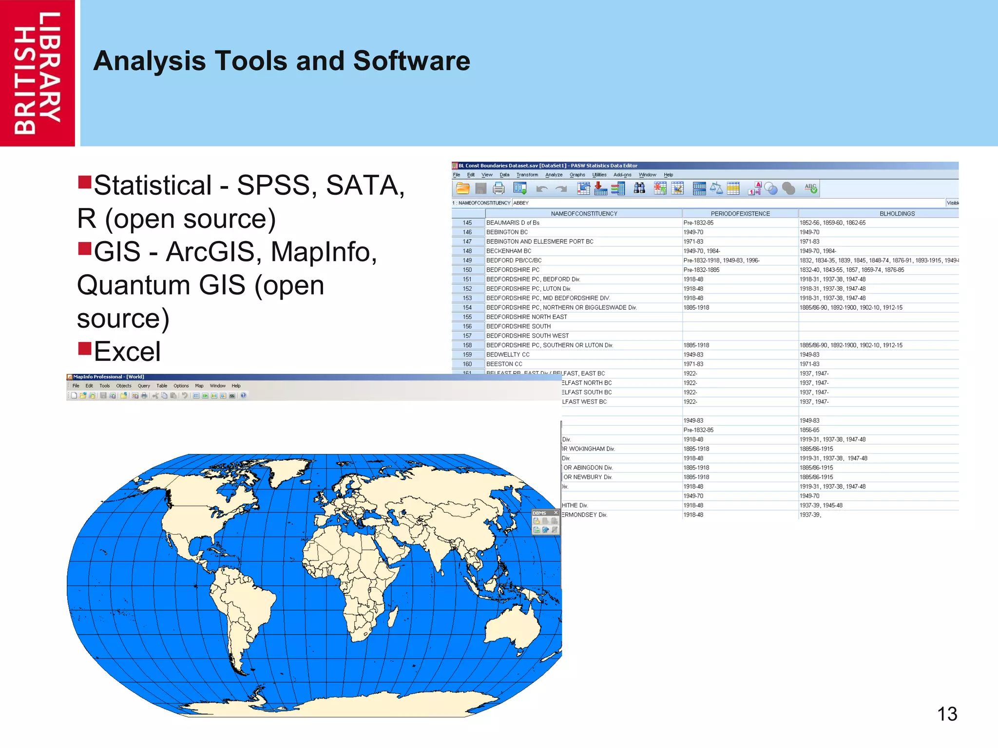 Analysis Tools and Software



Statistical
           - SPSS, SATA,
R (open source)
GIS - ArcGIS, MapInfo,
Quantum GIS (open
source)
Excel
Online Tools




                               13
 