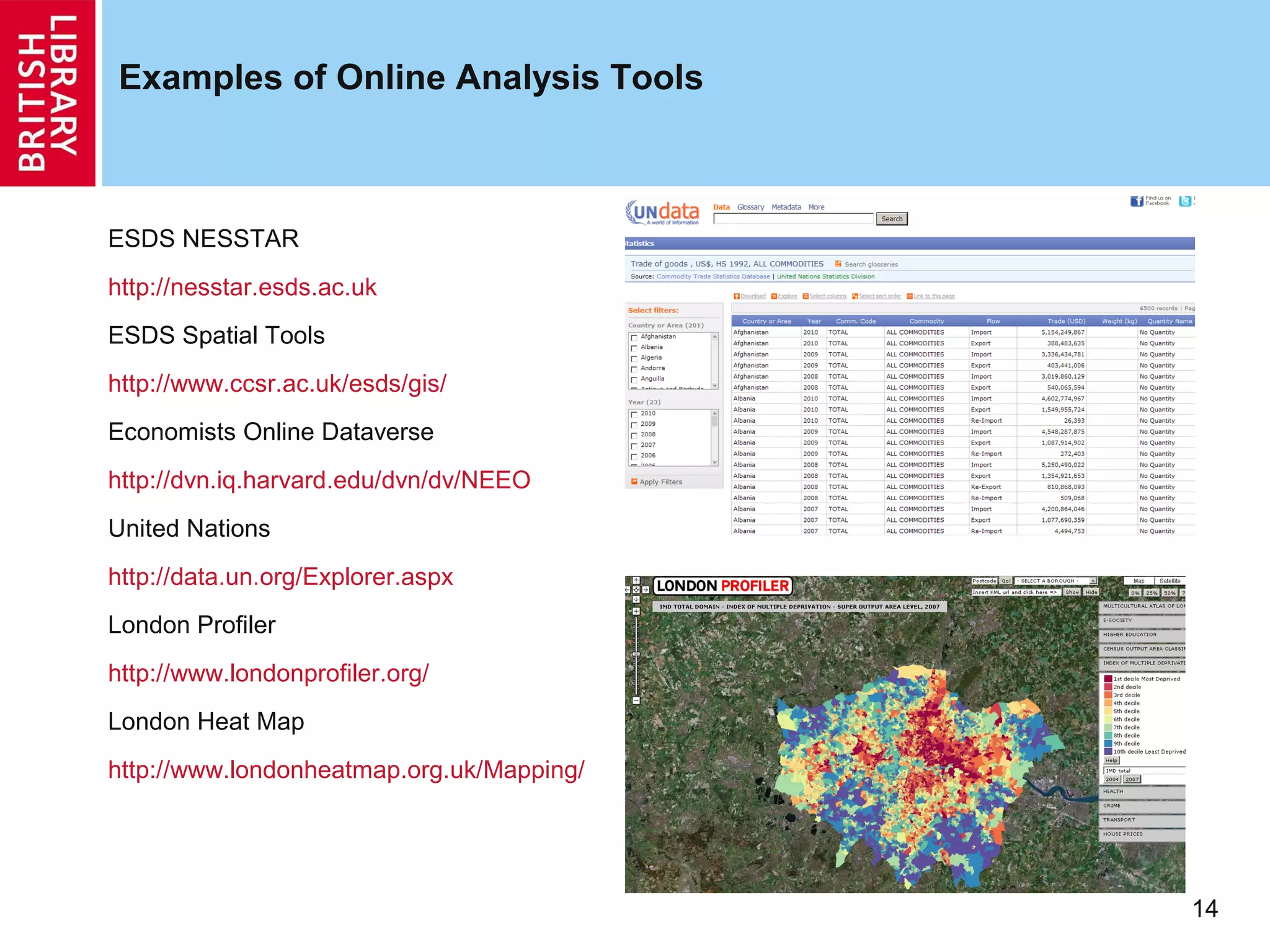 Examples of Online Analysis Tools



ESDS NESSTAR
http://nesstar.esds.ac.uk
ESDS Spatial Tools
http://www.ccsr.ac.uk/esds/gis/
Economists Online Dataverse
http://dvn.iq.harvard.edu/dvn/dv/NEEO
United Nations
http://data.un.org/Explorer.aspx
London Profiler
http://www.londonprofiler.org/
London Heat Map
http://www.londonheatmap.org.uk/Mapping/




                                           14
 