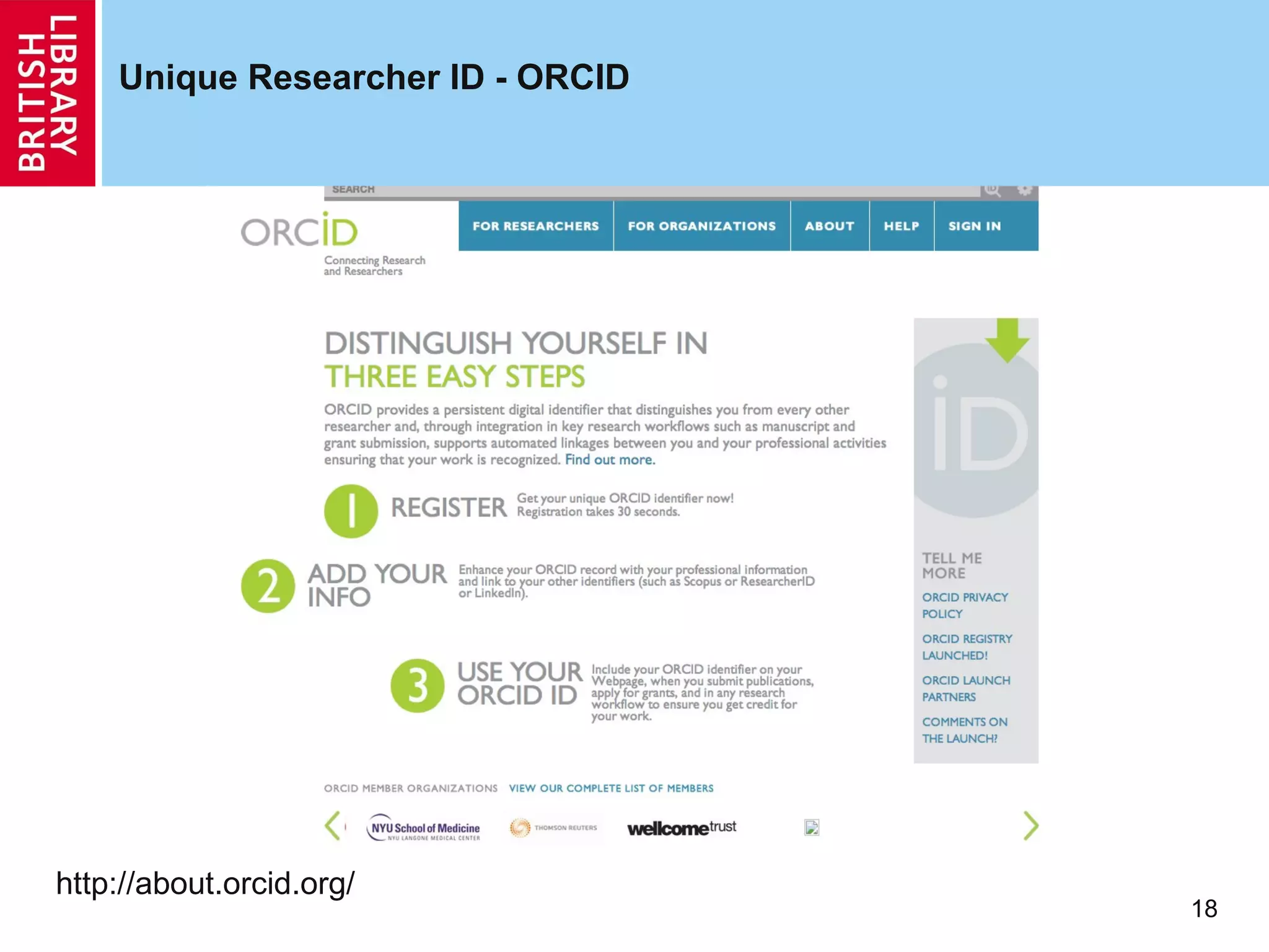 Unique Researcher ID - ORCID




http://about.orcid.org/
                                   18
 