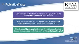 + Probiotic eﬃcacy
A probiotic product not only has to reach the gut, it also has to
do something beneficial once it arrives
There is a rationale for the use of probiotics in reducing IBS
symptoms but rigorous clinical testing has been lacking
The eﬃcacy of Symprove has been confirmed in a randomised,
double-blind, placebo-controlled study by King’s College Hospital
1
 