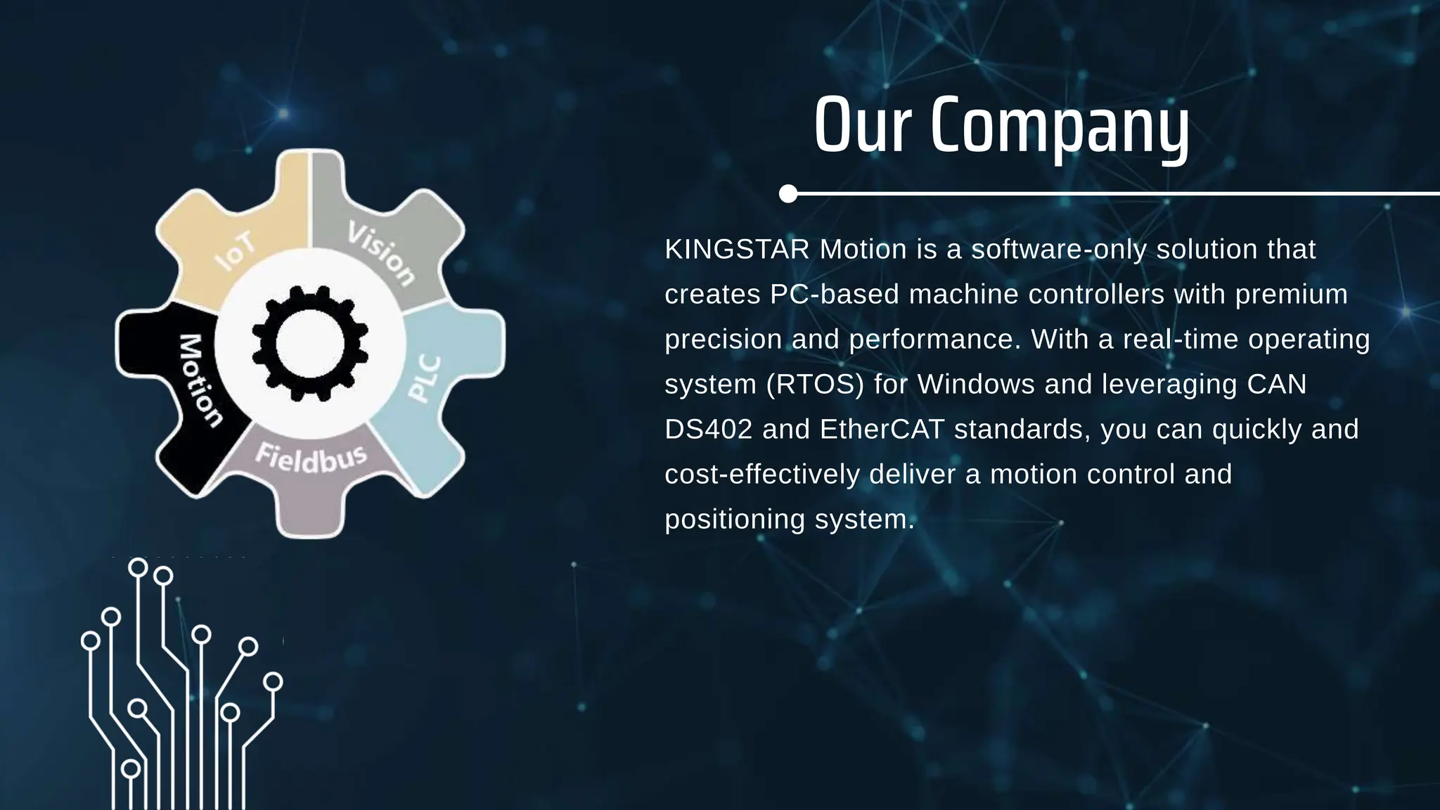 Our Company
KINGSTAR Motion is a software-only solution that
creates PC-based machine controllers with premium
precision and performance. With a real-time operating
system (RTOS) for Windows and leveraging CAN
DS402 and EtherCAT standards, you can quickly and
cost-effectively deliver a motion control and
positioning system.