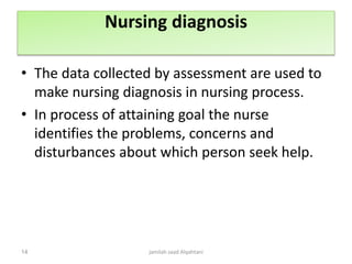 Nursing diagnosis
• The data collected by assessment are used to
make nursing diagnosis in nursing process.
• In process of attaining goal the nurse
identifies the problems, concerns and
disturbances about which person seek help.
jamilah saad Alqahtani14
 
