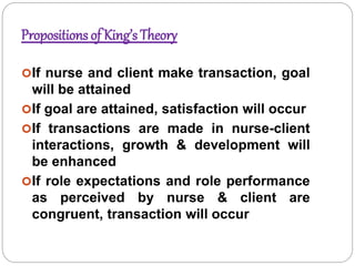 Propositions of King’s Theory
If nurse and client make transaction, goal
will be attained
If goal are attained, satisfaction will occur
If transactions are made in nurse-client
interactions, growth & development will
be enhanced
If role expectations and role performance
as perceived by nurse & client are
congruent, transaction will occur
 