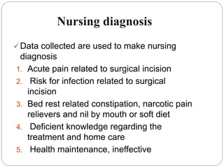 Nursing diagnosis
Data collected are used to make nursing
diagnosis
1. Acute pain related to surgical incision
2. Risk for infection related to surgical
incision
3. Bed rest related constipation, narcotic pain
relievers and nil by mouth or soft diet
4. Deficient knowledge regarding the
treatment and home care
5. Health maintenance, ineffective
 