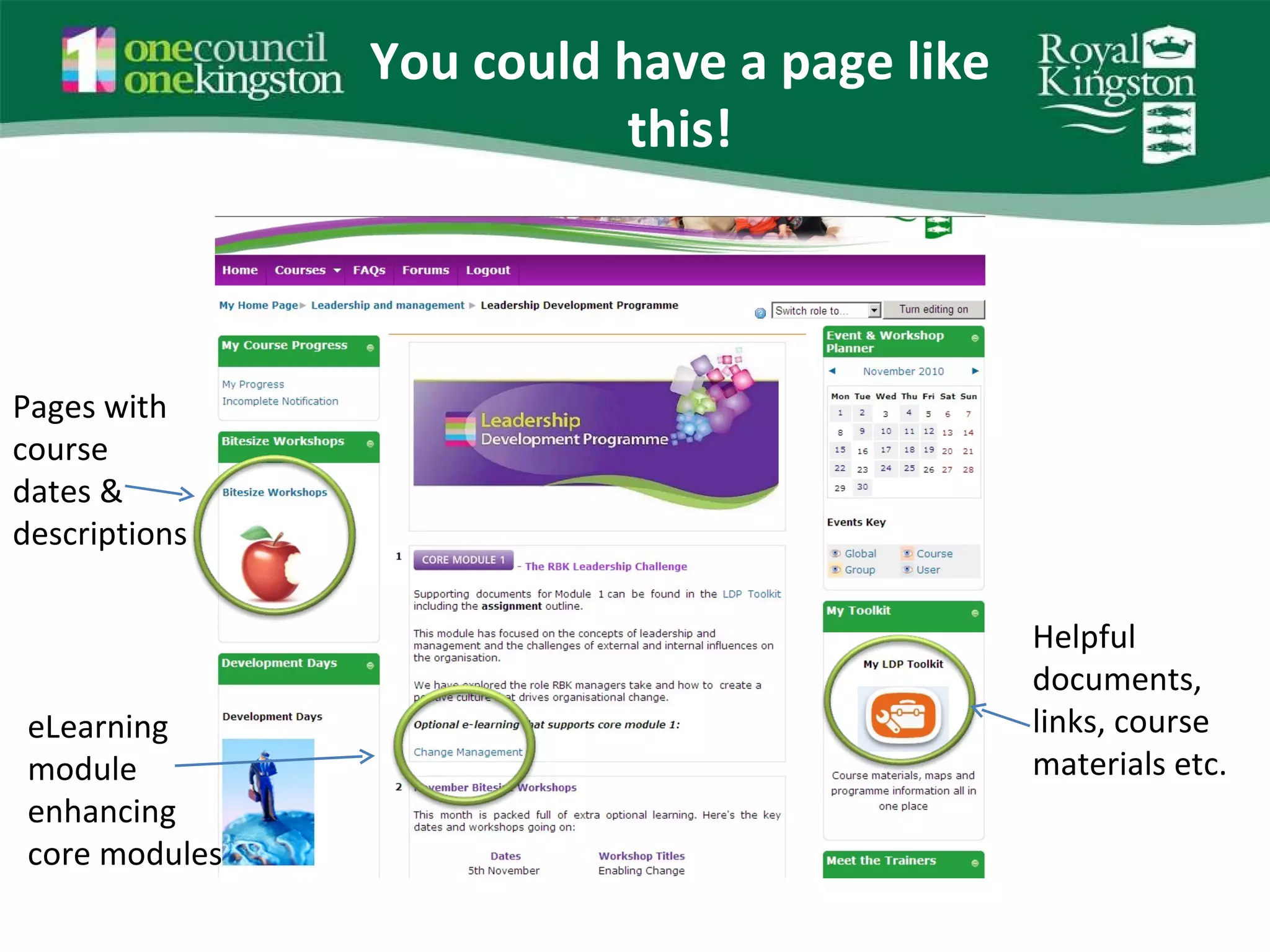 You could have a page like this! Helpful documents, links, course materials etc. eLearning module enhancing core modules  Pages with course dates & descriptions  