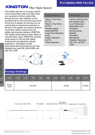 PLC splitter with fan-out is mainly used for
0.9mm optical fiber where the ribbon fiber
can converted to 0.9mm optical fiber
through fan-out, Fiber adapters can be
provided both for the input and output ends
of this kind of splitters so that they can be
used directly to meet the low demand on
the size of the splitter, for instance all kinds
of precision splitter insertion box and
splitter wall-mounted cabinets. KINGTON
PLC splitter family features either ribbon or
individual fiber output, KINGTON provides
whole series of 1xN and 2xN splitter
products that are tailored for specific
applications. All splitters provide
guaranteed optical performance and high
reliability that meet GR-1209-CORE and
GR-1221-CORE requirements.
Applications:
•Fiber to The Point
(FTTX)
•Fiber to The Home
(FTTH)
•Passive optical
networks(PON)
•Local Area Networks
(LAN)
•Cable Television
(CATV)
•Test Equipment
Features:
•Good uniformity and
low insertion loss
•Low Polarization
Dependent Loss
•Excellent
Environmental
Stability
•Excellent
Mechanical
•Stability Telecordia
GR-1221 and GR-
1209
www.kingtonoptic.com
info@kingtonoptic.com
KINGTON (ShenZhen) Optic Co.,Ltd
Fiber Optic System
PLC-Splitter-With Fan-Out
Package Drawings:
一
PLCSPLITTERSERIES
02
4x12x604x7x504x4.5x45
WxHxL
(mm)
1x642x321x322x161x162x82x41x81x41x2Port
 
