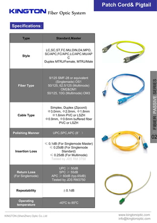 KINGTON (ShenZhen) Optic Co.,Ltd
Fiber Optic System
-400
C to 850
C
Operating
temperature
±0.1dBRepeatability
UPC ≥ 50dB
SPC ≥ 55dB
APC ≥ 60dB (typ.65dB)
Tested by JDS RM3750
Return Loss
(For Singlemode)
≤ 0.1dB (For Singlemode Master)
≤ 0.25dB (For Singlemode
Standard)
≤ 0.25dB (For Multimode)
Tested by JDS RM 3750
Insertion Loss
UPC,SPC,APC (8°）Polishing Manner
Simplex, Duplex (Zipcord)
Φ3.0mm, Φ2.0mm, Φ1.8mm
Φ1.6mm PVC or LSZH
Φ0.9mm, Φ0.6mm buffered fiber
PVC or LSZH
Cable Type
9/125 SMF-28 or equivalent
(Singlemade) OS1
50/125, 62.5/125 (Multimode)
OM2&OM1
50/125, 10G (Multimode) OM3
Fiber Type
LC,SC,ST,FC.MU,DIN,D4,MPO,
SC/APC,FC/APC,LC/APC.MU/AP
C
Duplex MTRJ/Female, MTRJ/Male
Style
Standard,MasterType
Specifications:
Patch Cord& Pigtail
www.kingtonoptic.com
info@kingtonoptic.com
一
FIBIERPASSIVESERIES
02
 