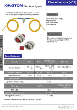 Fiber Optic System
Fiber Attenuator (VOA)
Features :
Applications:
Specifications：
•Wide attenuation range
•High precision
•Low original loss
•Compact size
•Fiber communication on system test
•Optical passive component test
•Optics lab use
Collimator variable optical attenuator is an useful
tool for the optical components and systems test.
﹣40 ~ +85Storage temperature (℃）
0 ~ +70Operating temperature (℃）
≤0.15PDL (dB)
50/125 or 62.5/125
multi-mode
SMF-28Fiber type
0.02Adjustment Precision (dB)
≥ 30≥ 50Return loss (dB)
≤0.8≤0.8≤0.6≤0.6Original loss (dB)
0.8 ~ 400.8 ~ 600.6 ~ 600.6 ~ 60Attenuation range (dB)
850± 40 or 1310 ±
40
1310 ± 40 &
1550 ±
40
1550 ±
40
1310 ±
40
Wavelength (nm)
850, 1310
1310/1550 Dual
window
15501310Parameter
*Output connector can be made on customer’s request.
KINGTON (ShenZhen) Optic Co.,Ltd www.kingtonoptic.com
info@kingtonoptic.com
一
FIBERPASSIVESERIES
15
 