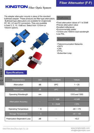 Fiber Optic System
Fiber Attenuator (F-F)
Features :
Applications:
Specifications：
•Fixed attenuation values of 1 to 25dB
•Precise attenuation value
•Excellent reflectance
•Environmentally stable
•1310nm and 1550nm dual wavelength
•Low PDL
•Telecommunication Networks
•CATV
•LAN
•FTTx
•Subscriber Loop
The adapter attenuator mounts in place of the standard
bulkhead adapter. These products are filter-type attenuators.
Bulkhead type attenuators are available for singlemode
ST, SC, LC and FC connectors. They are available
in fixed 3, 5, 10, 15dB ect. Select from 1310nm or
155onm options.
<0.2－dBPolarization Dependent Loss
-40 ~ +85－°CStorage Temperature
-40 ~ +75－°COperating Temperature
<10%5 ~ 25dB
<0.5dB1 ~ 4dB
﹣Attenuation Accuracy
1310 and 1550nmOperating Wavelength
>50UPCdBReturn Loss
1 ~ 25UPCdBAttenuation
ValuesConditionsUnitCharacteristics
KINGTON (ShenZhen) Optic Co.,Ltd www.kingtonoptic.com
info@kingtonoptic.com
一
FIBERPASSIVESERIES
17
 