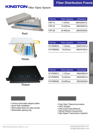 Fiber Optic System
Fiber Distribution Frame
Part No Fiber Capacity Dimension
KT-PNRM12 1-12Core 480X315X1U
KT-PNRM24 12-24Core 480X315X1U
Part No Fiber Capacity Dimension
KT-PNDR12 1-12Core 480X300X1U
KT-PNDR24 12-24Core 480X300X1U
KT-PNDR48 24-48Core 480X300X2U
Rack
Drawer
Rotate
Applications:Features :
• Various removable adaptor plates
• Quick field installation
• Removable doors for easy access
• Retractable splicing tray
• Fiber Optic Telecommunication
• CATV System
• LAN (Local Area Network)
• Optical Network Equipments
• High Speed Transmission Systems
KINGTON (ShenZhen) Optic Co.,Ltd www.kingtonoptic.com
info@kingtonoptic.com
一
FTTHSERIES
01
Part No Fiber Capacity Dimension
FDF-12 1-12Core 480X300X1U
FDF-24 12-24Core 480X300X1U
FDF-48 24-48Core 480X300X2U
 