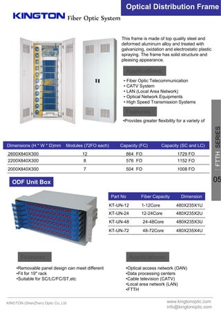 Fiber Optic System
Optical Distribution Frame
Dimensions (H * W * D)mm Modules (72FO each) Capacity (FC) Capacity (SC and LC)
2600X840X300 12 864 FO 1729 FO
Applications:
Features :
• Fiber Optic Telecommunication
• CATV System
• LAN (Local Area Network)
• Optical Network Equipments
• High Speed Transmission Systems
2200X840X300 8 576 FO 1152 FO
2000X840X300 7 504 FO 1008 FO
This frame is made of top quality steel and
deformed aluminum alloy and treated with
galvanizing, oxidation and electrostatic plastic
spraying. The frame has solid structure and
pleasing appearance.
•Provides greater flexibility for a variety of
Part No Fiber Capacity Dimension
KT-UN-12 1-12Core 480X235X1U
KT-UN-24 12-24Core 480X235X2U
KT-UN-48 24-48Core 480X235X3U
KT-UN-72 48-72Core 480X235X4U
ODF Unit Box
Applications:Features :
•Removable panel design can meet different
•Fit for 19" rack
•Suitable for SC/LC/FC/ST,etc
•Optical access network (OAN)
•Data processing centers
•Cable television (CATV)
•Local area network (LAN)
•FTTH
KINGTON (ShenZhen) Optic Co.,Ltd www.kingtonoptic.com
info@kingtonoptic.com
一
FTTHSERIES
05
 