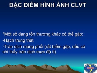 ĐẶC ĐIỂM HÌNH ẢNH CLVT
*Một số dạng tổn thương khác có thể gặp:
-Hạch trung thất
-Tràn dịch màng phổi (rất hiếm gặp, nếu có
chỉ thấy tràn dịch mực độ ít)
 