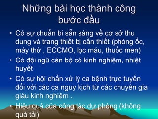 Những bài học thành công
bước đầu
• Có sự chuẩn bi sẵn sàng về cơ sở thu
dung và trang thiết bị cần thiết (phòng ốc,
máy thở , ECCMO, lọc máu, thuốc men)
• Có đội ngũ cán bộ có kinh nghiệm, nhiệt
huyết
• Có sự hội chẩn xử lý ca bệnh trực tuyến
đối với các ca nguy kịch từ các chuyên gia
giàu kinh nghiệm .
• Hiệu quả của công tác dự phòng (không
quá tải)
 