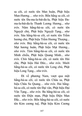 187
sa cõi, có nước tên Man huân, Phật hiệu
Man-Hương… như trên. Bốn hằng sa cõi, có
nước tên Đa-ma-la-bát-đa-la, Phật hiệu Đa-
ma-la-bát-đa-la Thanh Lương Hương... như
trên. Năm hằng-hà-sa cõi, có nước tên
Nguyệt chủ, Phật hiệu Nguyệt Tạng... như
trên. Sáu hằng-hà-sa cõi, có nước tên Trầm
hương chủ, Phật hiệu Trầm Hương Thượng...
như trên. Bảy hằng-hà-sa cõi, có nước tên
Mạt hương huân, Phật hiệu Mạt Hương...
như trên. Tám hằng-hà-sa cõi, có nước tên
Minh chiếu, Phật hiệu Quang Minh... như
trên. Chín hằng-hà-sa cõi, có nước tên Hải
chủ, Phật hiệu Hải Đức... như trên. Mười
hằng-hà-sa cõi, có nước tên Long chủ, Phật
hiệu Long Tạng... như trên.
Đi về phương Nam, vượt qua một
hằng-hà-sa cõi, có nước tên Châu sa, Phật
hiệu Châu Sa Quang… như trên. Hai hằng-
hà-sa cõi, có nước tên Đại vân, Phật hiệu Đại
Vân Tạng... như trên. Ba hằng-hà-sa cõi, có
nước tên Điện man, Phật hiệu Điện Man
Đắc... như trên. Bốn hằng-hà-sa cõi, có nước
tên Kim cương tuệ, Phật hiệu Kim Cương
 