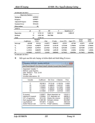 Kinh Tế Lượng                                                   GVHD: Th.s Nguyễn Quang Cường

SUMMARY OUTPUT
            Regression Statistics
Multiple R                          0,999939
R Square                            0,999877
Adjusted R Square                   0,999844
Standard Error                      5515,234
Observations                                20
ANOVA
                           df                    SS              MS               F         Significance F
Regression                           4        3,71E+12           9,28E+11        30515,83          3,98E-29
Residual                            15        4,56E+08           30417806
Total                               19         3,71E+12
                                         Standard                                                                Lower      Upper
                  Coefficients             Error        t Stat         P-value        Lower 95%     Upper 95%    95,0%      95,0%
Intercept               -182188            35132,6       -5,18572       0,000111         -257071       -107305    -257071    -107305
X2                    2,731621            0,496879       5,497557       6,13E-05        1,672548      3,790694   1,672548   3,790694
X3                    1,299655            0,199519       6,513925       9,79E-06        0,874389      1,724921   0,874389   1,724921
X4                    1,119211            0,086959       12,87048       1,65E-09        0,933861       1,30456   0,933861    1,30456
X5                    0,510063            0,157377        3,24103       0,005483        0,174622      0,845504   0,174622   0,845504
SUMMARY OUTPUT

       Kết quả sau khi ước lượng và kiểm định mô hình bằng Eviews:




Lớp: K15KKT6                                                                                  Trang 14
 