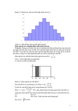 Bảng 2.2. Mật độ xác suất của biến ngẫu nhiên rời rạc Z
7/36

1/6

5/36

1/9

1/12

1/18

1/36

0

2

3

4

5

6

7

8

9

10

11

12

Hình 2.1. Biểu đồ tần suất của biến ngẫu nhiên Z.
Hàm mật độ xác suất(pdf)-Biến ngẫu nhiên liên tục.
Ví dụ 2.4. Chúng ta xét biến R là con số xuất hiện khi bấm nút Rand trên máy tính cầm
tay dạng tiêu biểu như Casio fx-500. R là một biến ngẫu nhiên liên tục nhận giá trị bất kỳ
từ 0 đến 1. Các nhà sản xuất máy tính cam kết rằng khả năng xảy ra một giá trị cụ thể là
như nhau. Chúng ta có một dạng phân phối xác suất có mật độ xác suất đều.
1
U −L

Hàm mật độ xác suất đều được định nghĩa như sau:f(r) =
Với L : Giá trị thấp nhất của phân phối
U: Giá trị cao nhất của phân phối
1

0
0

0,2

0,4

0,6

0,8

Hình 2.2. Hàm mật độ xác suất đều R.
Xác suất để R rơi vào khoảng (a; b) là P(a <r<b) =

1

1,2

b −a
.
U −L

Cụ thể xác suất để R nhận giá trị trong khoảng (0,2; 0,4) là:
P(0,2 < r < 0,4) =

0,4 − 0,2
= 20% , đây chính là diện tích được gạch chéo trên hình 2.1.
1− 0

Tổng quát, hàm mật độ xác suất của một biến ngẫu nhiên liên tục có tính chất như sau:
(1)
f(x) ≥ 0
(2)
P(a<X<b) = Diện tích nằm dưới đường pdf
b

P(a<X<b) =

∫f ( x )dx
a

11

 