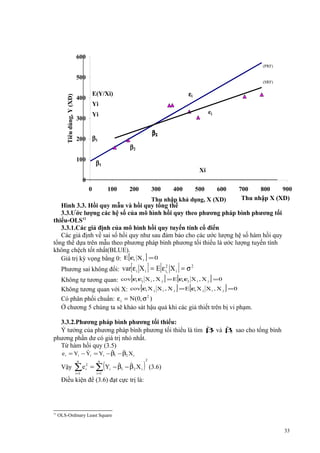 600
(PRF)

Tiêu dùng, Y (XD)

500

(SRF)

εi

E(Y/Xi)

400

Yi
ei

Yi

300

β2

β1

200

β2
100

β1

Xi

0
0

100

200

300

400

500

600

700
800
900
Thu nhập X (XD)

Thu nhập khả dụng, X (XD)
Hình 3.3. Hồi quy mẫu và hồi quy tổng thể
3.3.Ước lượng các hệ số của mô hình hồi quy theo phương pháp bình phương tối
thiểu-OLS11
3.3.1.Các giả định của mô hình hồi quy tuyến tính cổ điển
Các giả định về sai số hồi quy như sau đảm bảo cho các ước lượng hệ số hàm hồi quy
tổng thể dựa trên mẫu theo phương pháp bình phương tối thiểu là ước lượng tuyến tính
không chệch tốt nhất(BLUE).
Giá trị kỳ vọng bằng 0: E[εi X i ] = 0

[

]

[

]

2
2
Phương sai không đổi: var ε i X i = E ε i i X i = σ

Không tự tương quan: cov[εi εj X i , X j ] = E[εi εj X i , X j ] = 0
Không tương quan với X: cov[εi X j X i , X j ] = E[εi X j X i , X j ] = 0
Có phân phối chuẩn: ε i = N (0, σ 2 )
Ở chương 5 chúng ta sẽ khảo sát hậu quả khi các giả thiết trên bị vi phạm.
3.3.2.Phương pháp bình phương tối thiểu:
ˆ
ˆ
Ý tưởng của phương pháp bình phương tối thiểu là tìm β và β sao cho tổng bình
1
2
phương phần dư có giá trị nhỏ nhất.
Từ hàm hồi quy (3.5)
ˆ
ˆ
ˆ
e i = Yi − Yi = Yi − β1 − β2 X i
n

n

(

ˆ
ˆ
Vậy ∑e = ∑ Yi − β1 − β2 X i
i =1

2
i

i =1

)

2

(3.6)

Điều kiện để (3.6) đạt cực trị là:

11

OLS-Ordinary Least Square

33

 