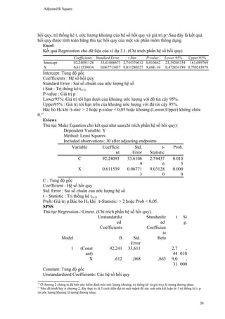 Multiple R
R Square
Adjusted R Square
Standard Error
Observations

0,862810328
0,744441662
0,735314578
74,0400401
30

ANOVA
df
SS
hồi quy, trị thống kê t, ước lượng khoảng của hệ sốMS quy và F trịSignificance F là kết quả
hồi
giá p14.Sau đây
Regression
1
447128,0711 447128,0711 81,56402 8,68132E-10
hồi quy được tính toán bằng thủ tục hồi quy của một vài phần mềm thông dụng.
Residual
28
153493,9711 5481,927538
Excel
Total
29
600622,0422
Kết quả Regresstion cho dữ liệu của ví dụ 3.1. (Chỉ trích phần hệ số hồi quy)
Intercept
X

Coefficients Standard Error
t Stat
P-value
92,24091128
33,61088673 2,744376012 0,010462
0,611539034
0,067713437 9,031280327 8,68E-10

Lower 95%
Upper 95%
23,39205354 161,089769
0,472834189 0,750243878

Intercept: Tung độ gốc
Coefficients : Hệ số hồi quy
Standard Error : Sai số chuẩn của ước lượng hệ số
t Stat : Trị thống kê t(n-2)
P-value : Giá trị p
Lower95%: Giá trị tới hạn dưới của khoảng ước lượng với độ tin cậy 95%.
Upper95% : Giá trị tới hạn trên của khoảng ước lượng với độ tin cậy 95%.
Bác bỏ H0 khi /t-stat/ > 2 hoặc p-value < 0,05 hoặc khoảng (Lower;Upper) không chứa
0.15
Eviews
Thủ tục Make Equation cho kết quả như sau(chỉ trích phần hệ số hồi quy):
Dependent Variable: Y
Method: Least Squares
Included observations: 30 after adjusting endpoints
Variable
Coefficie
Std.
tProb.
nt
Error
Statistic
C
92.24091
33.6108
2.74437
0.010
9
6
5
X
0.611539
0.06771
9.03128
0.000
3
0
0
C : Tung độ gốc
Coefficient : Hệ số hồi quy
Std. Error : Sai số chuẩn của ước lượng hệ số
t – Statistic : Trị thống kê t(n-2)
Prob: Giá trị p.Bác bỏ H0 khi /t-Statistic/ > 2 hoặc Prob < 0,05.
SPSS
Thủ tục Regression->Linear. (Chỉ trích phần hệ số hồi quy).
Unstandardiz
Standardiz
t Si
ed
ed
g.
Coefficients
Coefficien
ts
Model
B
Std.
Beta
Error
1
(Const
92,241 33,611
2,7
,
ant)
44 010
X
,612
,068
,863 9,0
,
31 000
Constant: Tung độ gốc
Unstandardized Coefficients: Các hệ số hồi quy
14

Ở chương 2 chúng ta đã biết ước kiểm định trên ước lượng khoảng, trị thống kê và giá trị p là tương đương nhau.
Như đã trình bày ở chương 2, đây thực ra là 3 cách diễn đạt từ một mệnh đề xác suất nên kết luận từ 3 trị thống kê t, p
và ước lượng khoảng là tương đương nhau.
15

38

 