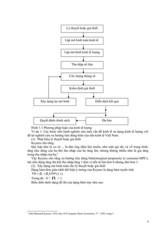 Lý thuyết hoặc giả thiết

Lập mô hình toán kinh tế

Lập mô hình kinh tế lượng

Thu thập số liệu
Ước lượng thông số

Kiểm định giả thiết

Xây dựng lại mô hình

Diễn dịch kết quả

Quyết định chính sách

Dự báo

Hình 1.1 Phương pháp luận của kinh tế lượng
Ví dụ 1: Các bước tiến hành nghiên cứu một vấn đề kinh tế sử dụng kinh tế lượng với
đề tài nghiên cứu xu hướng tiêu dùng biên của nền kinh tế Việt Nam.
(1) Phát biểu lý thuyết hoặc giả thiết
Keynes cho rằng:
Qui luật tâm lý cơ sở ... là đàn ông (đàn bà) muốn, như một qui tắc và về trung bình,
tăng tiêu dùng của họ khi thu nhập của họ tăng lên, nhưng không nhiều như là gia tăng
trong thu nhập của họ.4
Vậy Keynes cho rằng xu hướng tiêu dùng biên(marginal propensity to consume-MPC),
tức tiêu dùng tăng lên khi thu nhập tăng 1 đơn vị tiền tệ lớn hơn 0 nhưng nhỏ hơn 1.
(2) Xây dựng mô hình toán cho lý thuyết hoặc giả thiết
Dạng hàm đơn giản nhất thể hiện ý tưởng của Keynes là dạng hàm tuyến tính.
TD = β1 + β2 GNP (1.1)
Trong đó : 0 < β < 1.
2
Biểu diển dưới dạng đồ thị của dạng hàm này như sau:

4

John Maynard Keynes, 1936, theo D.N.Gujarati, Basic Economics, 3 rd , 1995, trang 3.

4

 