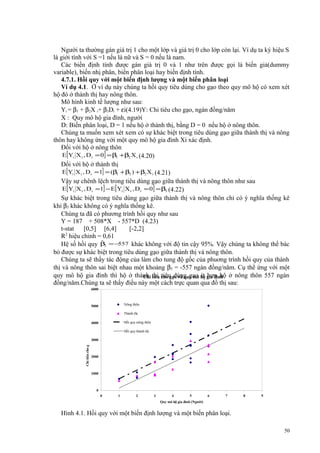 Người ta thường gán giá trị 1 cho một lớp và giá trị 0 cho lớp còn lại. Ví dụ ta ký hiệu S
là giới tính với S =1 nếu là nữ và S = 0 nếu là nam.
Các biến định tính được gán giá trị 0 và 1 như trên được gọi là biến giả(dummy
variable), biến nhị phân, biến phân loại hay biến định tính.
4.7.1. Hồi quy với một biến định lượng và một biến phân loại
Ví dụ 4.1. Ở ví dụ này chúng ta hồi quy tiêu dùng cho gạo theo quy mô hộ có xem xét
hộ đó ở thành thị hay nông thôn.
Mô hình kinh tế lượng như sau:
Yi = β1 + β2X i+ β3Di + εi(4.19)Y: Chi tiêu cho gạo, ngàn đồng/năm
X : Quy mô hộ gia đình, người
D: Biến phân loại, D = 1 nếu hộ ở thành thị, bằng D = 0 nếu hộ ở nông thôn.
Chúng ta muốn xem xét xem có sự khác biệt trong tiêu dùng gạo giữa thành thị và nông
thôn hay không ứng với một quy mô hộ gia đình Xi xác định.
Đối với hộ ở nông thôn
E[Yi X i , D i = 0] = β1 +β2 X i (4.20)
Đối với hộ ở thành thị
E[Yi X i , D i = 1] = (β1 + β3 ) + β2 X i (4.21)
Vậy sự chênh lệch trong tiêu dùng gạo giữa thành thị và nông thôn như sau
E[Yi X i , D i =1] − E[Yi X i , D i = 0] = β3 (4.22)
Sự khác biệt trong tiêu dùng gạo giữa thành thị và nông thôn chỉ có ý nghĩa thống kê
khi β3 khác không có ý nghĩa thống kê.
Chúng ta đã có phương trình hồi quy như sau
Y = 187 + 508*X - 557*D (4.23)
t-stat
[0,5] [6,4]
[-2,2]
R2 hiệu chỉnh = 0,61
ˆ
557 khác không với độ tin cậy 95%. Vậy chúng ta không thể bác
Hệ số hồi quy β3 = −
bỏ được sự khác biệt trong tiêu dùng gạo giữa thành thị và nông thôn.
Chúng ta sẽ thấy tác động của làm cho tung độ gốc của phuơng trình hồi quy của thành
thị và nông thôn sai biệt nhau một khoảng β3 = -557 ngàn đồng/năm. Cụ thể ứng với một
quy mô hộ gia đình thì hộ ở thành thị cho gạo và quy mô hộ gia đình ở nông thôn 557 ngàn
Chi tiêu tiêu dùng gạo ít hơn hộ
đồng/năm.Chúng ta sẽ thấy điều này một cách trực quan qua đồ thị sau:
6000

Nông thôn

5000

Thành thị
Hồi quy nông thôn

4000

Hồi quy thành thị

2000

ồ
ng/năm)

ạ
o (Ngàn đ

Chi tiêu cho g

3000

1000

0
0

1

2

3

4

5

6

7

8

9

Quy mô hộ gia đình (Người)

Hình 4.1. Hồi quy với một biến định lượng và một biến phân loại.
50

 