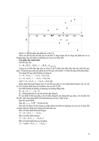 2

σ

1

X
0

200

400

600

800

1000

1200

1400

ẩ
n hoá,

Ph
ầ
n dư chu

0

-1

-2

Hình 5.2. Đồ thị phân tán phần dư ei theo Xi
Theo các đồ thị trên thì khi giá trị dự báo Y tăng (hoặc khi X tăng) thì phần dư có xu
hướng tăng, hay mô hình có phương sai của sai số thay đổi.
Các phép thử chính thức
Xét hồi quy bội
Yi = β1 + β 2 X 2,i + β 3 X 3,i + ... + β k X k ,i +ε i
(5.17)
Trong (k-1) biến độc lập trên ta trích ra (p-1) biến làm biến độc lập cho một hồi quy
phụ. Trong hồi quy phụ này phần dư từ hồi quy mô hình(5.17) làm hồi quy biến phụ thuộc.
Các dạng hồi quy phụ thường sử dụng là
e i2 = α1 + α 2 Z 2 i + ⋅ ⋅ ⋅ + α p Z pi + δ i (5.18)
e i = α1 + α2 Z 2i + ⋅ ⋅ ⋅ + αp Z pi + δi (5.19)
ln(e i2 ) = α1 + α2 Z 2i + ⋅ ⋅ ⋅ + αp Z pi + δi (5.20)
Kiểm định Breusch-Pagan căn cứ vào hồi quy phụ (5.18), kiểm định Glejser căn cứ vào
(5.19) và kiểm định Harvey-Godfrey căn cứ vào (5.20).
Giả thiết không là không có phương sai không đồng nhất
H0 : α2 = α3 = … = αp = 0
H1 : Không phải tất cả các hệ số trên đều bằng 0.
R2 xác định từ hồi quy phụ, n là cỡ mẫu dùng để xây dựng hồi quy phụ, với cỡ mẫu lớn
thì nR2 tuân theo phân phối Chi bình phương với (p-1) bậc tự do.
Quy tắc quyết định
2
2
Nếu χ( p −1,1−α) ≤ nR thì bác bỏ H0.
Nếu bác bỏ được H0 thì chúng ta chấp nhận mô hình có phương sai của sai số thay đổi
và thực hiện kỹ thuật ước lượng mô hình như sau:
Đối với kiểm định Breusch-Pagan
ˆ
ˆ
ˆ
ˆ
w i2 = α1 + α 2 Z 2i + ⋅ ⋅ ⋅ + α p Z pi

Đối với kiểm định Glejser
ˆ
ˆ
ˆ
ˆ
w i2 = (α1 + α 2 Z 2i + ⋅ ⋅ ⋅ + α p Z pi ) 2

Đối với kiểm định Harvey-Godfrey
ˆ
ˆ
ˆ
ˆ
w i2 = exp(α1 + α 2 Z 2 i + ⋅ ⋅ ⋅ + α p Z pi )

59

 