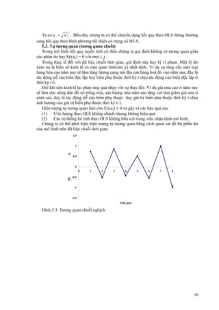 ˆ
ˆ
Ta có w i = w i2 . Đến đây chúng ta có thể chuyển dạng hồi quy theo OLS thông thường
sang hồi quy theo bình phương tối thiểu có trọng số WLS.
5.3. Tự tương quan (tương quan chuỗi)
Trong mô hình hồi quy tuyến tính cổ điển chúng ta giả định không có tương quan giữa
các phần dư hay E(εiεj) = 0 với mọi i, j.
Trong thực tế đối với dữ liệu chuỗi thời gian, giả định này hay bị vi phạm. Một lý do
nôm na là biến số kinh tế có một quán tính(sức ỳ) nhất định. Ví dụ sự tăng cầu một loại
hàng hóa của năm nay sẽ làm tăng lượng cung nội địa của hàng hoá đó vào năm sau, đây là
tác động trễ của biến độc lập hay biến phụ thuộc thời kỳ t chịu tác động của biến độc lập ở
thời kỳ t-1.
Đôi khi nền kinh tế lại phản ứng quá nhạy với sự thay đổi. Ví dụ giá mía cao ở năm nay
sẽ làm cho nông dân đổ xô trồng mía, sản lượng mía năm sau tăng vọt làm giảm giá mía ở
năm sau, đây là tác động trễ của biến phụ thuộc hay giá trị biến phụ thuộc thời kỳ t chịu
ảnh hưởng của giá trị biến phụ thuộc thời kỳ t-1.
Hiện tượng tự tương quan làm cho E(εiεj) ≠ 0 và gây ra các hậu quả sau
(1)
Ước lượng theo OLS không chệch nhưng không hiệu quả
(2)
Các trị thống kê tính theo OLS không hữu ích trong việc nhận định mô hình.
Chúng ta có thể phát hiện hiện tượng tự tương quan bằng cách quan sát đồ thị phần dư
của mô hình trên dữ liệu chuỗi thời gian.
1,5

σ

1
0,5

-0,5

0

1

2

3

4

5

6

7

8

ẩ hoá,
n

Ph
ầ dư chu
n

0

-1
-1,5
Thời gian

Hình 5.3. Tương quan chuỗi nghịch

60

 