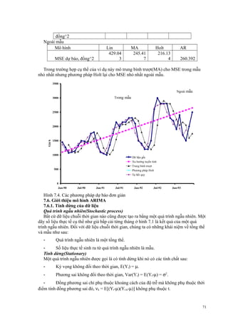 đồng^2
Ngoài mẫu
Mô hình

Lin
429.04
3

MSE dự báo, đồng^2

MA
245.41
7

Holt
216.13
4

AR
260.392

Trong trường hợp cụ thể của ví dụ này mô trung bình trượt(MA) cho MSE trong mẫu
nhỏ nhất nhưng phương pháp Holt lại cho MSE nhỏ nhất ngoài mẫu.
3500

Ngoài mẫu
Trong mẫu

3000

2500

1500

ắc
p
ả
i, đ
ồ
ng/kg

Giá b

2000

1000

Dữ liệu gốc
Xu hướng tuyến tính
Trung bình trượt
Phương pháp Holt
Tự hồi quy

500

0
Jan-90

Jul-90

Jan-91

Jul-91

Jan-92

Jul-92

Jan-93

Hình 7.4. Các phương pháp dự báo đơn giản
7.6. Giới thiệu mô hình ARIMA
7.6.1. Tính dừng của dữ liệu
Quá trình ngẫu nhiên(Stochastic process)
Bất cứ dữ liệu chuỗi thời gian nào cũng được tạo ra bằng một quá trình ngẫu nhiên. Một
dãy số liệu thực tế cụ thể như giá bắp cải từng tháng ở hình 7.1 là kết quả của một quá
trình ngẫu nhiên. Đối với dữ liệu chuỗi thời gian, chúng ta có những khái niệm về tổng thể
và mẫu như sau:
-

Quá trình ngẫu nhiên là một tổng thể.

Số liệu thực tế sinh ra từ quá trình ngẫu nhiên là mẫu.
Tính dừng(Stationary)
Một quá trình ngẫu nhiên được gọi là có tính dừng khi nó có các tính chất sau:
-

Kỳ vọng không đổi theo thời gian, E(Yt) = µ.

-

Phương sai không đổi theo thời gian, Var(Yt) = E(Yt-µ) = σ2.

Đồng phương sai chỉ phụ thuộc khoảng cách của độ trễ mà không phụ thuộc thời
điểm tính đồng phương sai đó, νk = E[(Yt-µ)(Yt-k-µ)] không phụ thuộc t.

71

 