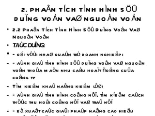 2. PHAÂN TÍCH TÌNH HÌNH SÖÛ DUÏNG VOÁN VAØ NGUOÀN VOÁN  2.2 Phaân Tích Tình Hình Söû Duïng Voán Vaø Nguoàn Voán TAÙC DUÏNG: Ñoái vôùi nhaø quaûn trò doanh nghieäp: Ñaùnh giaù tình hình söû duïng voán vaø nguoàn voán thoûa maõn nhu caàu hoaït ñoäng cuûa coâng ty Tìm kieám khaû naêng kieám lôøi Ñaùnh giaù tình hình coâng nôï, tìm kíeâm caùch thöùc thu hoài coâng nôï vaø traû nôï Ñeà xuaát caùc giaûi phaùp naâng cao hieäu quaû söû duïng voán vaø nguoàn voán 