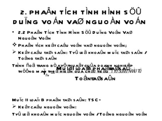 2. PHAÂN TÍCH TÌNH HÌNH SÖÛ DUÏNG VOÁN VAØ NGUOÀN VOÁN  2.2 Phaân Tích Tình Hình Söû Duïng Voán Vaø Nguoàn Voán Phaân tích keát caáu voán vaø nguoàn voán; Keát caáu taøi saûn: Tyû leä khoaûn muïc taøi saûn / Toång taøi saûn Trình ñoä trang bò kyõ thuaät cuûa doanh nghieäp thöông maïi theå hieän qua chæ tieâu  Tyû suaát ñaàu tö: Muïc II loaïi B phaàn taøi saûn: TSCÑ Keát caáu nguoàn voán:  Tyû leä khoaûn muïc nguoàn voán / Toång nguoàn voán 