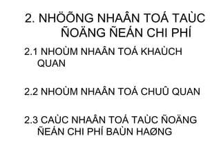 2. NHÖÕNG NHAÂN TOÁ TAÙC ÑOÄNG ÑEÁN CHI PHÍ 2.1 NHOÙM NHAÂN TOÁ KHAÙCH QUAN 2.2 NHOÙM NHAÂN TOÁ CHUÛ QUAN 2.3 CAÙC NHAÂN TOÁ TAÙC ÑOÄNG ÑEÁN CHI PHÍ BAÙN HAØNG 
