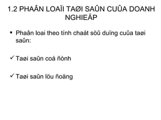 1.2 PHAÂN LOAÏI TAØI SAÛN CUÛA DOANH NGHIEÄP Phaân loai theo tính chaát söû duïng cuûa taøi saûn: Taøi saûn coá ñònh Taøi saûn löu ñoäng 