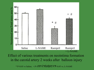 Effect of various treatments on neointima formation  in the carotid artery 2 weeks after  balloon injury Saline L-NAME Ramipril Ramipril  + L-NAME Neointimal area/Total artery area % *  # +  # * P<0.05 vs Saline;  +:P<0.05 vs. Ramipril; #: P<0.05 vs. L-NAME www.freelivedoctor.com 