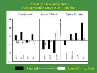 LVP LV  dP/dt HR CF LDH CPK Lactate Lactate Glycogen ATP CP Cardiodynamic Venous Effluent Myocardial tissue Ramipril Ramipril + Icatibant Reversal by Kinin Antagonist of  Cardioprotective Effect of ACE Inhibitor www.freelivedoctor.com 