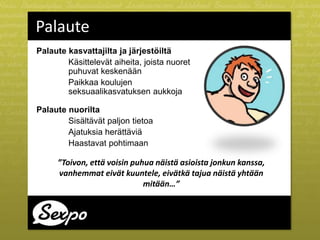 Palaute kasvattajilta ja järjestöiltä
Käsittelevät aiheita, joista nuoret
puhuvat keskenään
Paikkaa koulujen
seksuaalikasvatuksen aukkoja
Palaute nuorilta
Sisältävät paljon tietoa
Ajatuksia herättäviä
Haastavat pohtimaan
Palaute
”Toivon, että voisin puhua näistä asioista jonkun kanssa,
vanhemmat eivät kuuntele, eivätkä tajua näistä yhtään
mitään…”
 