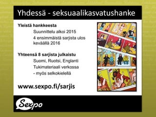 Yleistä hankkeesta
Suunnittelu alkoi 2015
4 ensimmäistä sarjista ulos
keväällä 2016
Yhteensä 8 sarjista julkaistu
Suomi, Ruotsi, Englanti
Tukimateriaali verkossa
- myös selkokielellä
www.sexpo.fi/sarjis
Yhdessä - seksuaalikasvatushanke
 