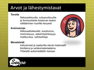 Tavoite
Seksuaalisuutta, sukupuolisuutta
ja ihmissuhteita koskevan tiedon
välittäminen nuorille kevyesti
Avainsanoja
Seksuaalioikeudet, suostumus,
moninaisuus, seksimtyönteisyys,
mielikuvitus, vaihtoehtoja
Menetelmät
Inklusiiviset ja saatavilla olevat materiaalit
Kortteina ja verkkomateriaaleina
Yhteisttö autismisäätiön kanssa
Arvot ja lähestymistavat
 