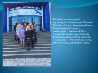 .
На фото слева направо:
верхний ряд – Евстигнеева Татьяна,
Холодков Антон, Кормакова Елена,
Калашникова Татьяна;
средний ряд – Васляева Юлия,
Анисимова Юлия, Севостьянова
Виктория, Комиссарова Татьяна;
нижний ряд – Оганджанова Елена,
Панова Елена, Корчагина Оксана.
 