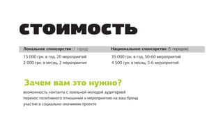 стоимость
Локальное спонсорство (1 город)           Национальное спонсорство (5 городов)
15 000 грн. в год, 20 мероприятий          35 000 грн. в год, 50-60 мероприятий
2 000 грн. в месяц, 2 мероприятия          4 500 грн. в месяц, 5-6 мероприятий




Зачем вам это нужно?
возможность контакта с лояльной молодой аудиторией
перенос позитивного отношения к мероприятию на ваш бренд
участие в социально-значимом проекте
 