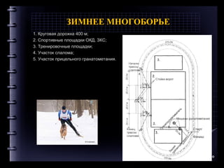 ЗИМНЕЕ МНОГОБОРЬЕ
1. Круговая дорожка 400 м;
2. Спортивные площадки ОКД, ЗКС;
3. Тренировочные площадки;
4. Участок слалома;
5. Участок прицельного гранатометания.
Company Logo
 