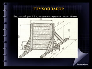 ГЛУХОЙ ЗАБОР
Высота забора - 1,8 м, толщина поперечных досок - 40 мм.
Company Logo
 