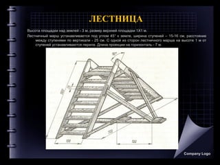 ЛЕСТНИЦА
Высота площадки над землей - 3 м, размер верхней площадки 1X1 м.
Лестничный марш устанавливается под углом 45° к земле, ширина ступеней – 15-16 см, расстояние
между ступенями по вертикали - 25 см. С одной из сторон лестничного марша на высоте 1 м от
ступеней устанавливаются перила. Длина проекции на горизонталь - 7 м.
Company Logo
 