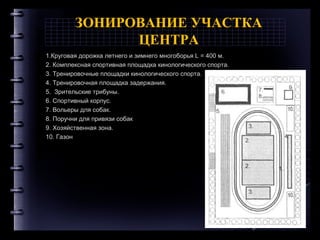ЗОНИРОВАНИЕ УЧАСТКА
ЦЕНТРА
1.Круговая дорожка летнего и зимнего многоборья L = 400 м.
2. Комплексная спортивная площадка кинологического спорта.
3. Тренировочные площадки кинологического спорта.
4. Тренировочная площадка задержания.
5. Зрительские трибуны.
6. Спортивный корпус.
7. Вольеры для собак.
8. Поручни для привязи собак
9. Хозяйственная зона.
10. Газон
Company Logo
 