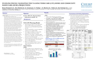PUZZLING PIECES: VALIDATING THE VA LONG TERM CARE (LTC) HOME AND COMMUNITY BASED CARE (HCBC) PROJECTIONS Bruce Kinosian(1,2);  Eric Stallard (3); A. Canamucio 1 , D. Polsky 1, 2 , K. Manton (3), T Edes (4), Dan Schoeps (4)  (1) CHERP, Philadelphia VA Medical Center, Philadelphia, PA, (2) Division of General Internal Medicine, University of Pennsylvania, PA  (3) Dept. of Sociology, Duke University, Durham, NC  (4) Geriatric and Extended Care, VA Central Office, Washington, DC Conclusions and Policy Implications  ADC by HCBC type FY2004 ,  Actual  Total and Survey Sample ,[object Object],[object Object],[object Object],[object Object],[object Object],[object Object],[object Object],[object Object],[object Object],[object Object],[object Object],[object Object],Background Evaluate 2003 LTC  Planning Model projections for HCBC  use Objective ABSTRACT BODY:  Objective: Evaluation of LTC projections for HCBC using available CMS and VA administrative data.  Methods: We developed a static projection model, using the 2002 enrolled veteran population stratified by age/gender/priority/VISN. We imputed disability and marital status from the 1999 National Long Term Care Survey (NLTCS) for those age 65+, and the National Health Interview Survey for those < 65. We constructed HCBC use rates for each age/gender/marital status/priority/disability level from the 1999 NLTCS for those aged 65+ and from the 2000 National Home Care and Hospice Survey (NHHS) for those age < 65. For validation, we matched the 2004 NLTCS with the VA enrollment file, and summarized VA HCBC use among matched survey respondents. We matched the 2004 OASIS file with the 2004 enrollment file, to obtain skilled home health episodes, and imputed Average Daily Census (ADC) based on length of episode and visits. HCBC services were operationalized as Medical (Home Based Primary Care (HBPC),Skilled home health, Hospice) and Supportive(other home health, ADHC, In-home Respite). Additional supportive HCBC from the NLTCS included Assisted Living and formal help. ADC was calculated by using current VA workload recording procedures. Results: Validation data were reliably available for age 65+, representing 118,300/162,000 ADC (73%). Actual VA supplied HCBC ADC was 17,471,(14% of total) and 16,871 estimated from the NLTCS cohort. Total utilization, using the NLTCS cohort was 121,435  (Medical HCBC ADC 50,905/Supportive HCBC ADC 70,530), and 125,188 using VA/OASIS utilization for Medical HCBC. For HBPC, VA supplied 59.8% of total ADC using the NLTCS cohort (12,041/20,112), indicating frail, enrolled veterans receive a large amount of in-home primary care from non-VA providers. Hospice accounted for nearly 1/4 of Medical HCBC (12,800). Non-Federal sources paid for 46% of formal ADC, while only 26% of ADC for those with 3+ ADL dependencies were provided by formal (paid) help. In 2007, actual VA supplied Medical HCBC was 42% of model projections.  Conclusions: Enrolled veterans receive a large amount of HCBC services, most is informal, with projections closely matching actual ADC, of which VA provided 31% of Medical but 19% of total HCBC, and 59% of in-home primary care in 2004. Financial Disclosure :  VA HSR&D; VA ADUSH Office of Policy and Planning Abstract Projection for  LTC 3.1 (1999 rates) and LTC 4.1 (2004 rates )  All Ages   ,[object Object],[object Object],[object Object],[object Object],[object Object],[object Object],[object Object],[object Object],[object Object],[object Object],Results ,[object Object],[object Object],[object Object],Service FY 2004 ADC NLTCS FY2004 VA NLTCS non-VA OASIS 2004 2004 NLTCS (combined) 2004 NLTCS (combined)  (OASIS HH+VA FY2004+NLTCS non-VA) Skilled Home Health 2,606 ,1391 11,134 12,525 Other Home Health 3,268 1,518 ,6474 7,992 Total Medicare Home Health 5,874 2,904 17,608 17,544 20,517 20,812 HBPC 9,824 12,041 8,071 20112 17,895 Home Hospice 164 0 12,819 12,819 12,983 Adult Day Health Care 1525 1,774 0 1,774 1525 Respite 84 93 0 93 84 Total no Assisted Living 17,471 16,818 38,498 55,315 53,299 Community Assisted Living/community residential care 5,771 0 11,435 11,435 17,206 Sub-total 23,242 16,818 49,933 66,750 70,505 Non-Medicare, Non-Asst. Living,  Formal Help 54,683 54,683 54,683 Sub-total 104,616 121,435 125,188 Medical HCBC 13,432 37,473 50,905 Supportive HCBC 3,386 67,144 70,530 121,435 2005 LTC 3.1 168,292 LTC 3.1 Using Current Population 214,353 ADL Dependency:  3.1 :408,636 4.1: 632,689 4.1 HCBC projection 134,989 Medical 57,229 Support 77,760 