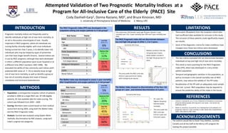 Attempted Validation of Two Prognostic  Mortality Indices  at a Program for All-Inclusive Care of the Elderly  (PACE)  Site  Cody Dashiell-Earp1, Donna Raziano, MD2, and Bruce Kinosian, MD1 1. University of Pennsylvania School of Medicine      2. Mercy LIFE    LIMITATIONS RESULTS INTRODUCTION The PACE Prognostic Index (PPI) was developed in the outpatient setting and assigns patients to 3 risk groups1 ,[object Object]