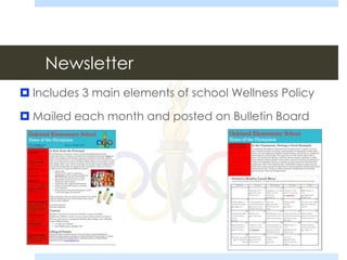  Includes 3 main elements of school Wellness Policy
 Mailed each month and posted on Bulletin Board
Newsletter
 