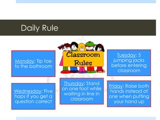 Daily Rule
Monday: Tip toe
to the bathroom
Tuesday: 5
jumping jacks
before entering
classroom
Wednesday: Five
hops if you get a
question correct
Thursday: Stand
on one foot while
waiting in line in
classroom
Friday: Raise both
hands instead of
one when putting
your hand up
 
