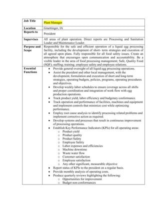 Job Title
              Plant Manager
Location      Graettinger, IA
Reports to
              President
Supervises    All areas of plant operation. Direct reports are Processing and Sanitation
              Leader and Maintenance Leader.
Purpose and   Responsible for the safe and efficient operation of a liquid egg processing
Scope         facility, including the development of short- term strategies and execution of
              all agreed upon plans. Fully responsible for all food safety issues. Create an
              atmosphere that encourages open communication and accountability. Be a
              visible leader in the area of food processing management; Safe, Quality Food
              (SQF); staffing; training; employee safety and employee relations.
Essential              Provide general oversight of all liquid egg processing operations.
Functions              Assist the president and other local management, with the
                       development, formulation and execution of short and long-term
                       strategies, operating budgets, policies, programs, operating procedures
                       and objectives.
                       Develop weekly labor schedules to ensure coverage across all shifts
                       and proper coordination and integration of work flow with egg
                       production operations.
                       Track product yield, labor efficiency and budgetary conformance.
                       Track operation and performance of facilities, machines and equipment
                       and implement controls that minimize cost while optimizing
                       performance.
                       Employ root cause analysis to identify processing related problems and
                       implement corrective action as required.
                       Develop systems and processes that result in continuous improvement
                       of processing operations.
                       Establish Key Performance Indicators (KPIs) for all operating areas:
                           o Product yield
                           o Product quality
                           o Product Safety
                           o Employee Safety
                           o Labor expenses and efficiencies
                           o Machine downtime
                           o Waste water flow
                           o Customer satisfaction
                           o Employee satisfaction
                           o Any other significant, measurable objective
                       Report status of KPIs to the president on a regular basis.
                       Provide monthly analysis of operating costs.
                       Produce quarterly reviews highlighting the following:
                           o Opportunities for improvement
                           o Budget non-conformances
 