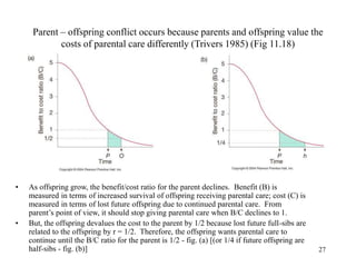 27
Parent – offspring conflict occurs because parents and offspring value the
costs of parental care differently (Trivers 1985) (Fig 11.18)
• As offspring grow, the benefit/cost ratio for the parent declines. Benefit (B) is
measured in terms of increased survival of offspring receiving parental care; cost (C) is
measured in terms of lost future offspring due to continued parental care. From
parent’s point of view, it should stop giving parental care when B/C declines to 1.
• But, the offspring devalues the cost to the parent by 1/2 because lost future full-sibs are
related to the offspring by r = 1/2. Therefore, the offspring wants parental care to
continue until the B/C ratio for the parent is 1/2 - fig. (a) [(or 1/4 if future offspring are
half-sibs - fig. (b)]
 