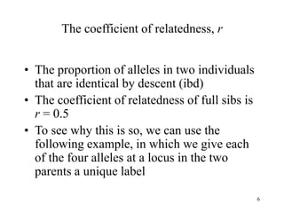 6
The coefficient of relatedness, r
• The proportion of alleles in two individuals
that are identical by descent (ibd)
• The coefficient of relatedness of full sibs is
r = 0.5
• To see why this is so, we can use the
following example, in which we give each
of the four alleles at a locus in the two
parents a unique label
 